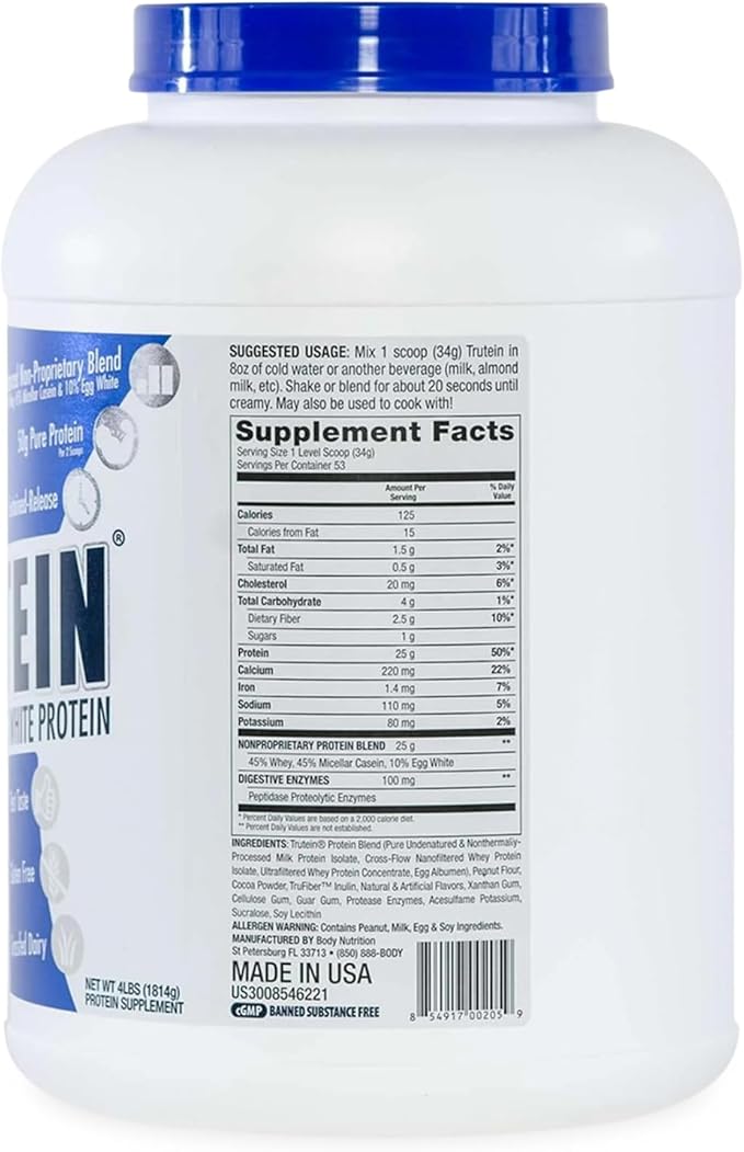 Body Nutrition Trutein High Protein Powder: 45% Whey, 45% Casein, 10% Egg White Protein Shake Mix, Gluten-Free, Low Sodium, Low Carb Protein Supplement for Men & Women, Chocolate Peanut Butter, 4lb