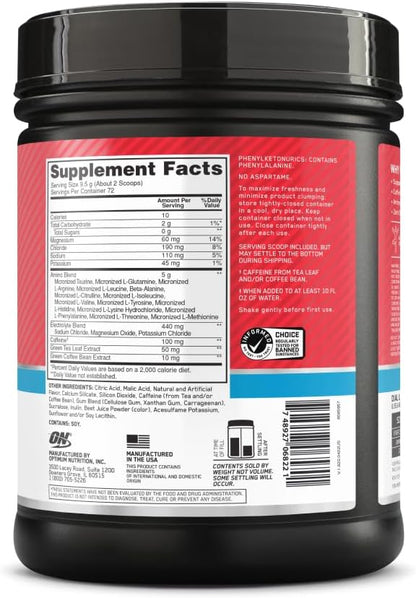 Optimum Nutrition Essential AMIN.O Energy & Electrolytes - Energy, Focus & Post-Workout Muscle Recovery - Strawberry Pre-Workout Electrolyte Powder Drink - Strawberry Burst, 1.51 lb (72 Servings)