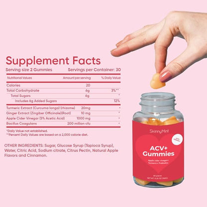 SkinnyMint Super ACV Gummies, 4-in-1 Unique Blend of Apple Cider Vinegar, Probiotics, Turmeric & Ginger to Boost Gut Health and Digestion, Metabolism and Immune Support, 60 Count