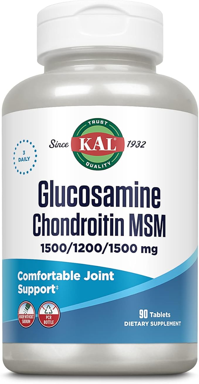 KAL Glucosamine Chondroitin MSM, Joint Support Supplement for Women and Men, 1500mg Glucosamine Sulfate, 1200mg Chondroitin, 1500mg MSM, Rapid Disintegration, 60-Day Guarantee, 30 Servings, 90 Tablets