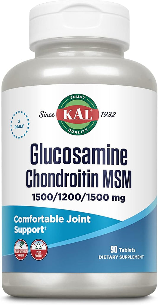KAL Glucosamine Chondroitin MSM, Joint Support Supplement for Women and Men, 1500mg Glucosamine Sulfate, 1200mg Chondroitin, 1500mg MSM, Rapid Disintegration, 60-Day Guarantee, 30 Servings, 90 Tablets