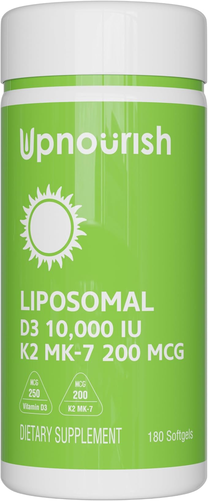 UpNourish Liposomal D3 K2 Vitamin 10000 IU D3 and K2 MK-7 200 mcg - 180 Vitamin D3 k2 (Vitamina D3 con K2) Mini Softgels - Easy to Swallow K2 D3 Vitamin Supplement