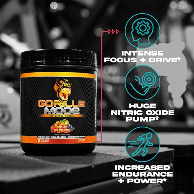 Gorilla Mode Pre Workout - Massive Pumps · Laser Focus · Energy · Power - L-Citrulline, Creatine, L-Tyrosine, Betaine, Hydroprime®, Alpha-GPC, 400mg Caffeine, Huperzine A - 812g (Cherry)