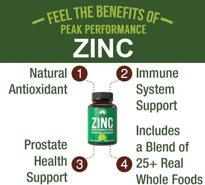 Vegan Zinc Supplement with Vitamin C + Whole Food Blend of 25 Vegetables and Fruits for Max Absorption. Zinc Supplements Zinc 30mg Capsules, Pills, Tablets, Vitamins for Adults Both Men and Women
