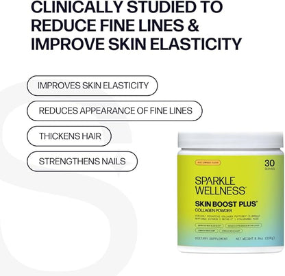 Sparkle Wellness Skin Boost Plus (Acai Lemonade) [30-Serves] | Collagen Powder Supplement with VERISOL Bioactive Hydrolyzed Collagen Peptides, Vitamin C & Hyaluronic Acid to Improve Skin Elasticity