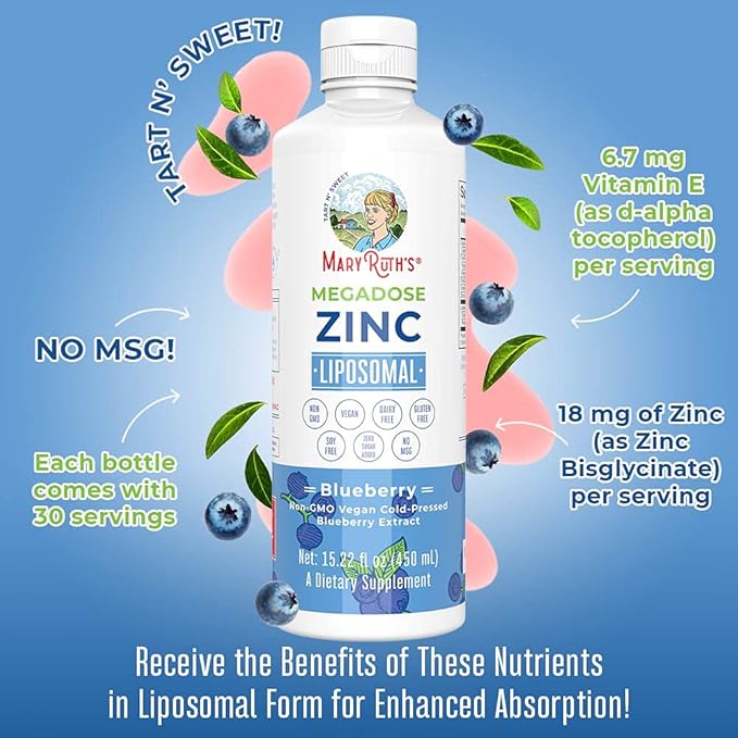 MaryRuth Organics Nutritional Supplement | Liposomal Liquid Zinc Supplement with Vitamin E | Overall Health and Skin Care | Blueberry | Vegan, Non-GMO, Gluten Free, No Sugar Added | 15.22 Fl Oz