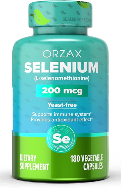 ORZAX Selenium 200mcg Capsules - L-Selenomethionine for Immune System Health & Thyroid Support - Antioxidants Supplement for Women and Men (180 Veg Capsules)