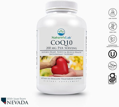 Nature's Lab CoQ10 200mg Nutritional Supplement - Supports Heart, Nerve & Muscle Health* - 60 Count (2 Month Supply)