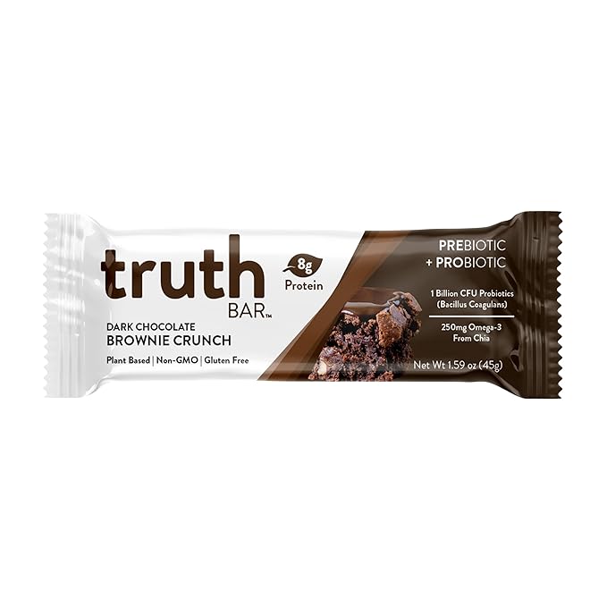 Truth Bar Prebiotic & Probiotic Keto Snack Vegan Bars with Omega-3's - Synbiotic High Fiber Snacks - Low Sugar, Kosher, Gluten Free - Dark Chocolate Brownie Crunch (Pack of 12)