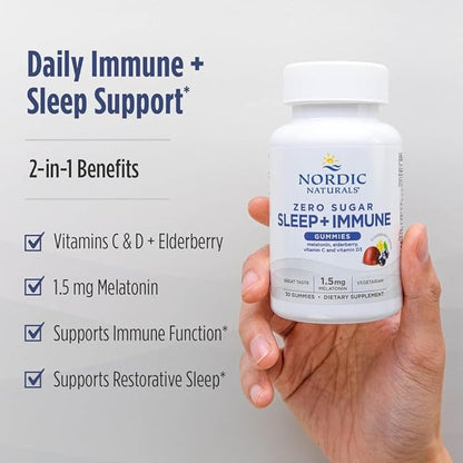 Nordic Naturals Zero Sugar Sleep + Immune Gummies - Elderberry Lemon Flavor - 30 Gummies - 1.5 mg Melatonin Gummies for Sleep with Vitamin D3 - Elderberry & Vitamin C Immune Support - 30 Servings