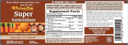 Puritan's Pride Premium Super Synergistic Antioxidant Formula, Dietary Supplement to Help Fight Premature Aging*, Vitamins A, C, E, and Selenium Mineral, 3 Month Supply, 100 Rapid Release Softgels