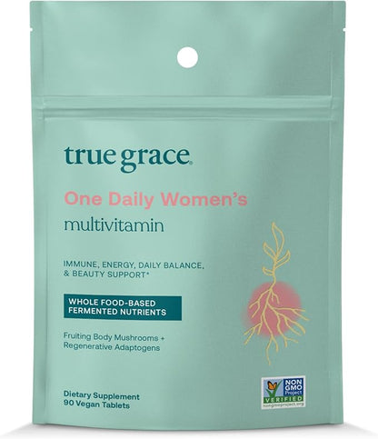 True Grace One Daily Women’s Multivitamin Fermented Minerals, Organic Adaptogens & Mushrooms Whole Body Balance, Immune, Energy, Beauty Support - Non-GMO, Gluten Free, Soy Free - 90 Vegan Tablets