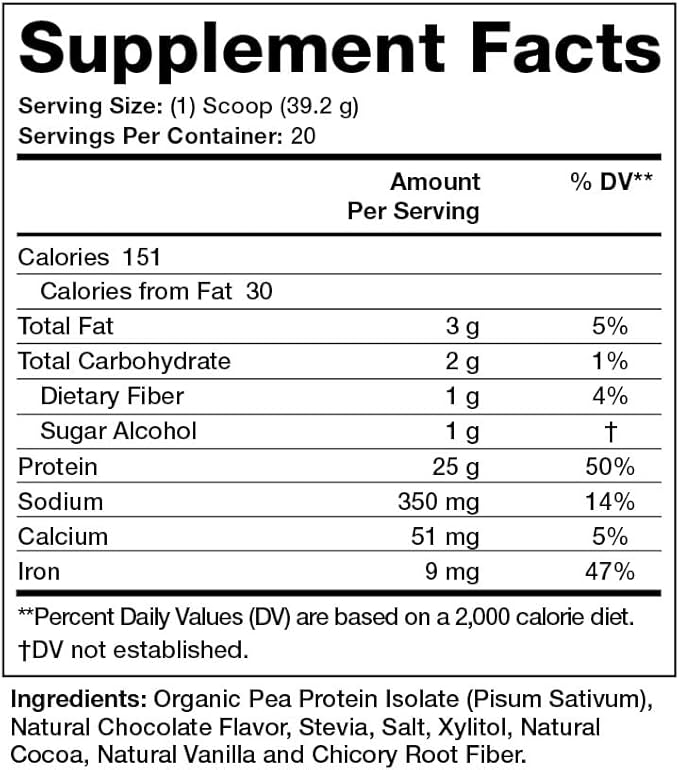 Olympian Labs Plant Based Pea Protein Powder, Chocolate - 25g of Protein, Vegan, Low Net Carbs, Gluten Free, Lactose Free, No Sugar Added, Soy Free, Kosher, Non-GMO, 2 Pound Pea Protein