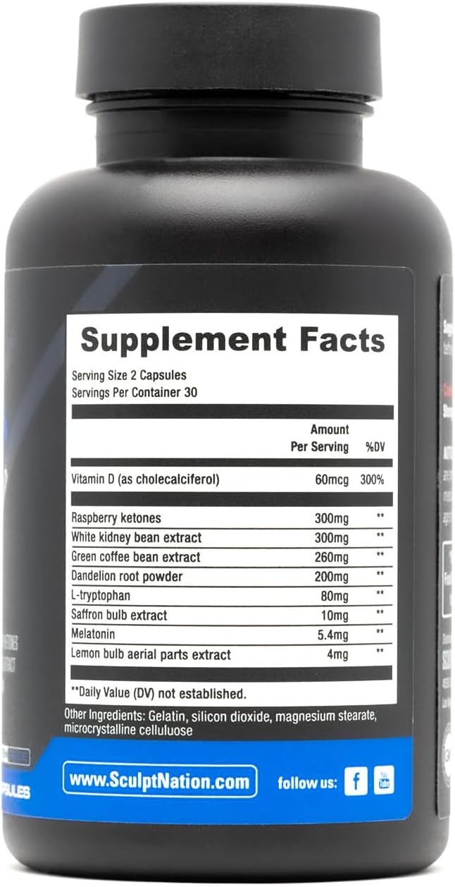 Sculpt Nation by V Shred Burn PM - Night Time Fat Burner - Appetite Suppressant and Weight Loss Support - Raspberry Ketones, Green Tea Extract, Melatonin - 60 Gluten Free Capsules