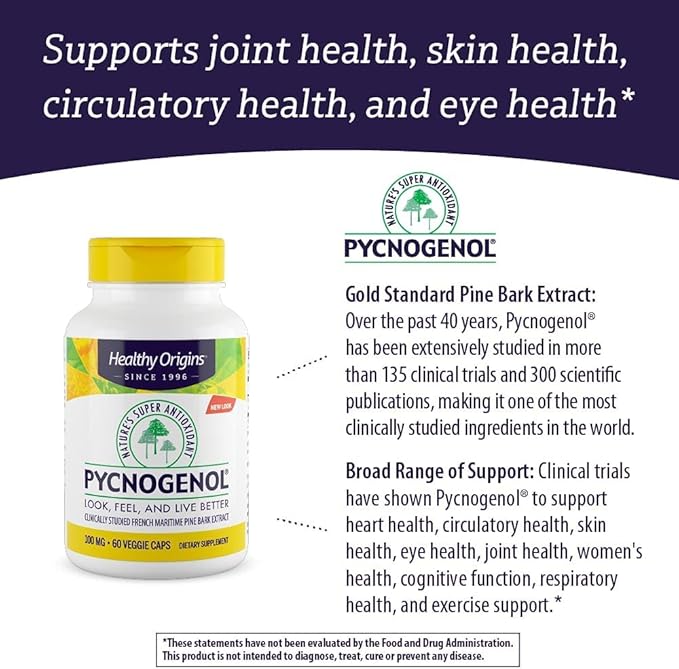 Healthy Origins Pycnogenol 100 mg - Premium Pine Bark Extract - French Maritime Pine Bark Extract for Heart Health, Skin Care & More - Gluten-Free & Non-GMO Supplement - 60 Veggie Caps