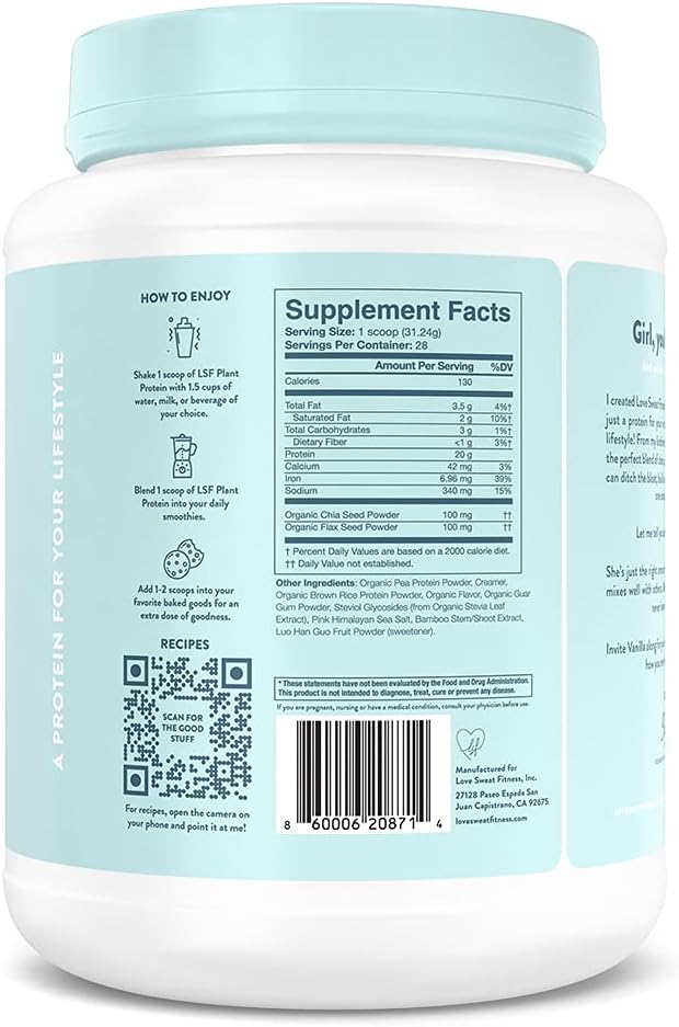 Love Sweat Fitness Organic Vegan Protein Powder | Vanilla | 28 Servings, 20g Protein, No Sugar, Vegan, Gluten Free, Non-GMO