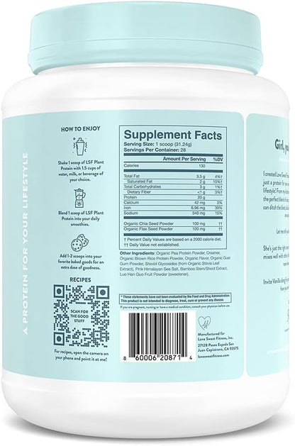 Love Sweat Fitness Organic Vegan Protein Powder | Vanilla | 28 Servings, 20g Protein, No Sugar, Vegan, Gluten Free, Non-GMO