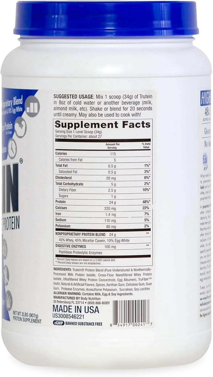 Body Nutrition Trutein High Protein Powder: 45% Whey, 45% Casein, 10% Egg White, Gluten-Free, Low Sodium, Grass Fed Whey Protein Powder, Gym Supplement & Breakfast Shake, Pumpkin Pie, 2lb