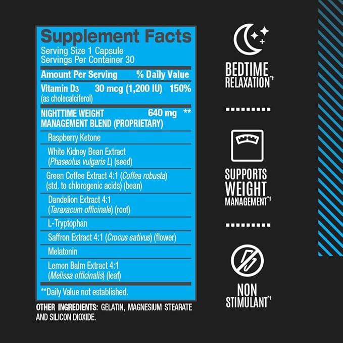 BPI Sports Nite burn – Nighttime Fat Burner & Sleep Support – Keto-Friendly – Weight Loss, Burn Fat, Relaxation, Boost Metabolism – 30 servings – 640mg, Capsule