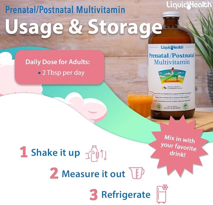 LIQUIDHEALTH Prenatal/Postnatal Multiple Liquid Women's Multivitamin with Real Folate - Pre & Postnatal Vitamins for Before, During, After Pregnancy - Vegan, Sugar-Free, Non GMO, Great Taste (32 oz)