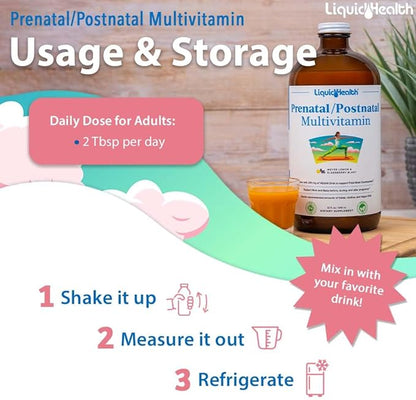 LIQUIDHEALTH Prenatal/Postnatal Multiple Liquid Women's Multivitamin with Real Folate - Pre & Postnatal Vitamins for Before, During, After Pregnancy - Vegan, Sugar-Free, Non GMO, Great Taste (32 oz)