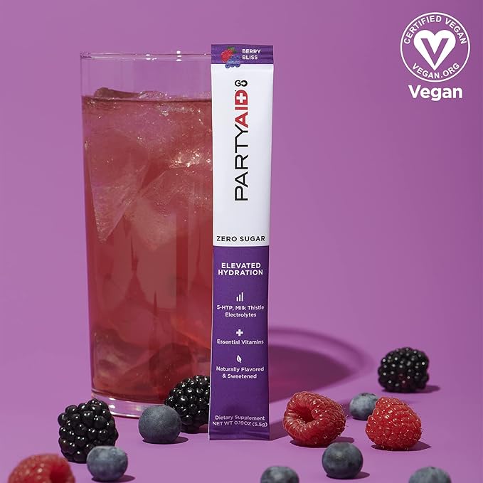 PARTYAID GO Feel Good Tonight and Tomorrow, Zero Sugar, 5-HTP, B-Complex, Milk Thistle, Electrolytes, No Artificial Flavors or Sweeteners, Caffeine-Free, 30 Count (Pack of 1)