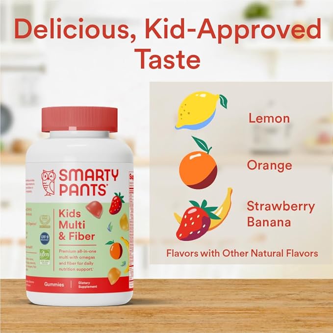 SmartyPants Kids Multivitamin Gummies and Fiber Supplement: Omega 3 Fish Oil (EPA/DHA), Vitamin D3, C, Vitamin B12, B6, Vitamin A, Zinc, Fiber Gummies, Three Fruit Flavors, 90 Count (22 Day Supply)