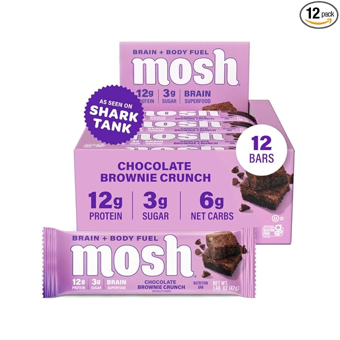 MOSH Chocolate Brownie Keto Protein Bars, High Fiber, Low Carb, Gluten Free, High Protein, Brain Healthy Snack, 12 Count