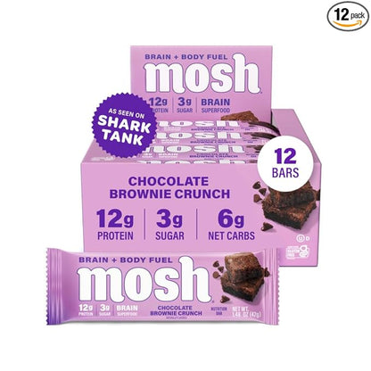 MOSH Chocolate Brownie Keto Protein Bars, High Fiber, Low Carb, Gluten Free, High Protein, Brain Healthy Snack, 12 Count