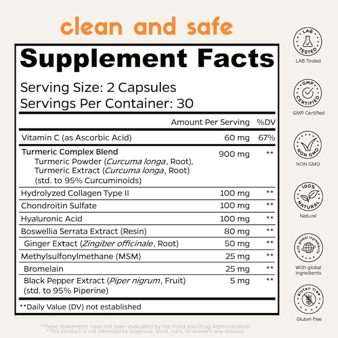 Chondroitin Boswellia MSM Turmeric Hydrolyzed Collagen - Joint Support Supplement, helps with joint mobility & flexibility, function & comfort, cartilage repair, supports smooth movement (60Ct/30Day)