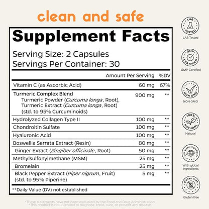 Chondroitin Boswellia MSM Turmeric Hydrolyzed Collagen - Joint Support Supplement, helps with joint mobility & flexibility, function & comfort, cartilage repair, supports smooth movement (60Ct/30Day)