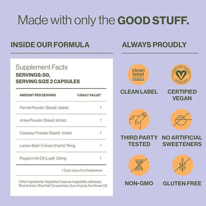 Hilma Natural Gas & Bloating Relief - with Lemon Balm, Fennel & Peppermint Leaf - Doctor Formulated with Organic Ingredients - 100 Vegan Capsules