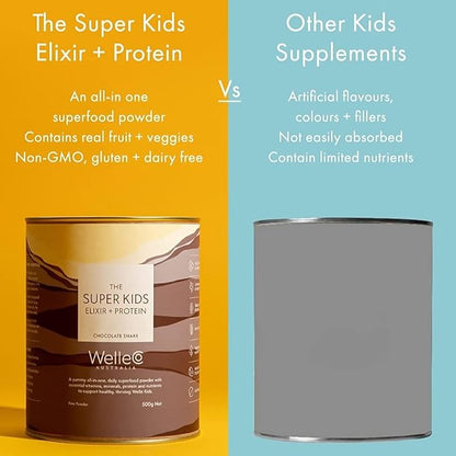 WelleCo The Super Kids Elixir Vegan Protein Powder Chocolate Shake with Prebiotics and Probiotics, Real Fruits & Veggies, Supports Cognitive Function, Immunity & Energy, for Kids Ages 4+, 17.6 oz Tin