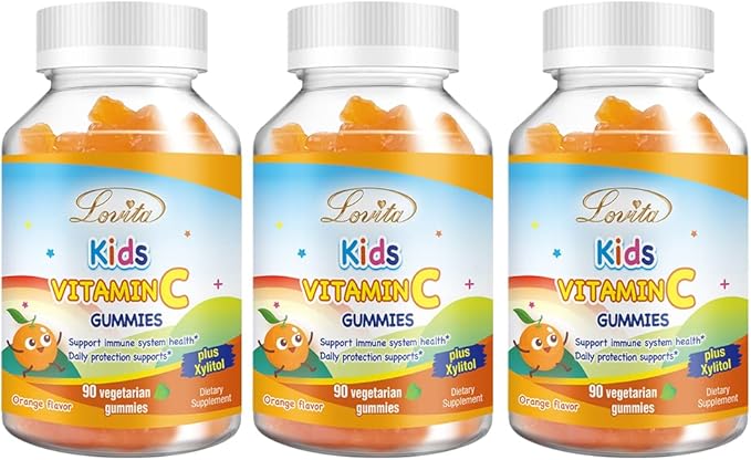 Lovita Vegan Vitamin C Gummies for Kids, Great Tasting Plant-Based Formula, Immune Function Support with Vitamin C 150mg per Daily Servings & Xylitol, Natural Orange Flavored, 90 Gummies (Pack of 3)