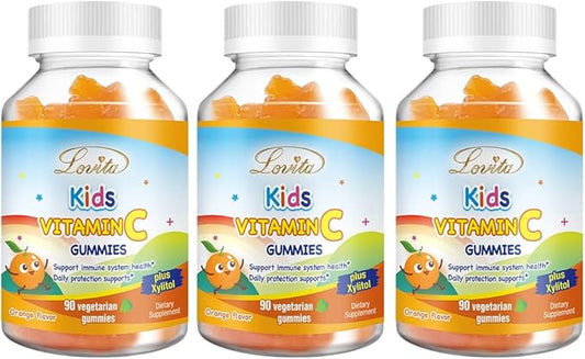 Lovita Vegan Vitamin C Gummies for Kids, Great Tasting Plant-Based Formula, Immune Function Support with Vitamin C 150mg per Daily Servings & Xylitol, Natural Orange Flavored, 90 Gummies (Pack of 3)