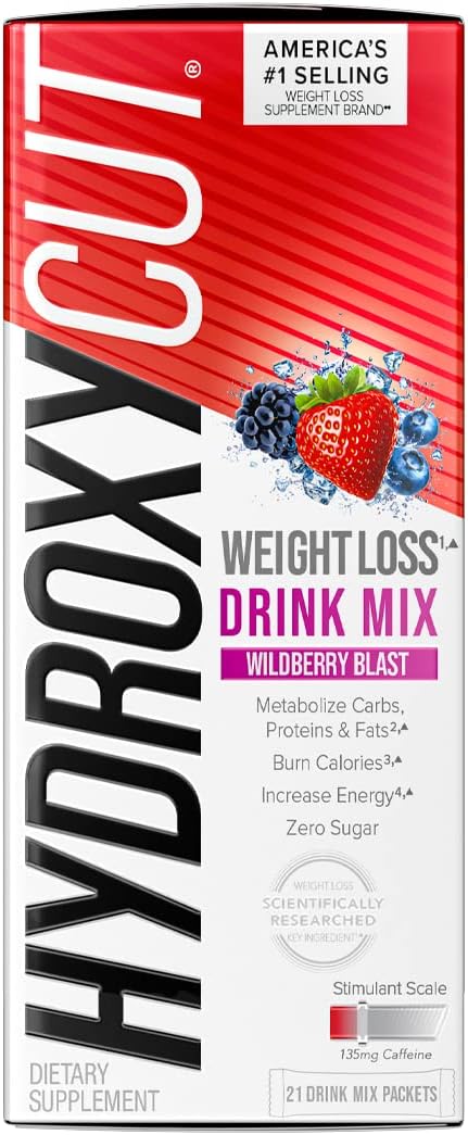 Hydroxycut Drink Mix, Wildberry Blast - 21 Travel-Size Packets - Zero Calories, Zero Sugar - Boost Metabolism, Burn Calories, Increase Energy - For Women & Men
