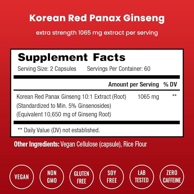 NutraChamps Korean Red Panax Ginseng Capsules | Extra Strength Ginsenosides for Energy, Focus, Performance, Vitality & Immune Support | Korean Red Ginseng Root Extract Powder Supplement | Vegan Pills