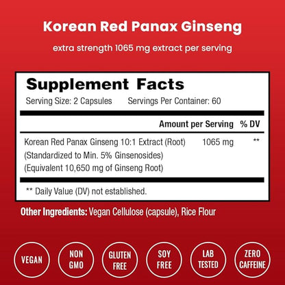 NutraChamps Korean Red Panax Ginseng Capsules | Extra Strength Ginsenosides for Energy, Focus, Performance, Vitality & Immune Support | Korean Red Ginseng Root Extract Powder Supplement | Vegan Pills
