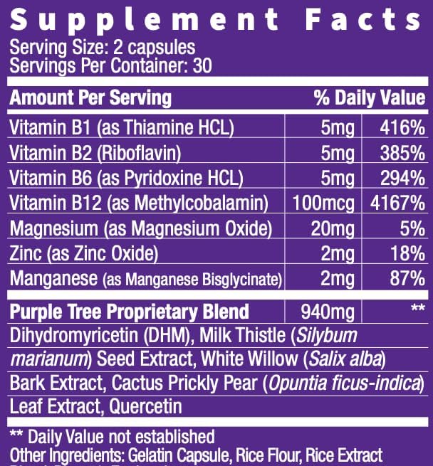 purple tree Post Celebration Wellness Vitamins | Liver Support, Body Replenisher, Rapid Hydration | Dihydromyricetin DHM, Milk Thistle, Electrolytes, Vitamin B, Willow Bark, Quercetin (60 Pills)