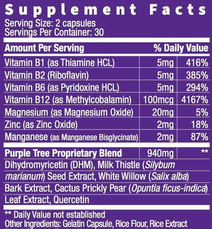 purple tree Post Celebration Wellness Vitamins | Liver Support, Body Replenisher, Rapid Hydration | Dihydromyricetin DHM, Milk Thistle, Electrolytes, Vitamin B, Willow Bark, Quercetin (60 Pills)