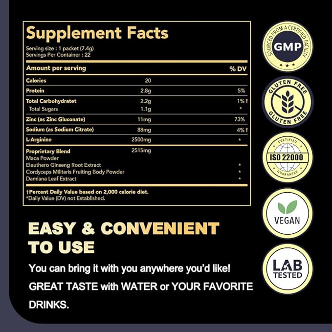 DAIKEN Peruvian Maca Root Powder Extra Strength 15,000 mg, Gelatinized Black, Red, Yellow Maca Blend with L-Arginine (2,500 mg) for Men and Women, Superior Absorption, Vegan, Lab Tested - 22 Packets