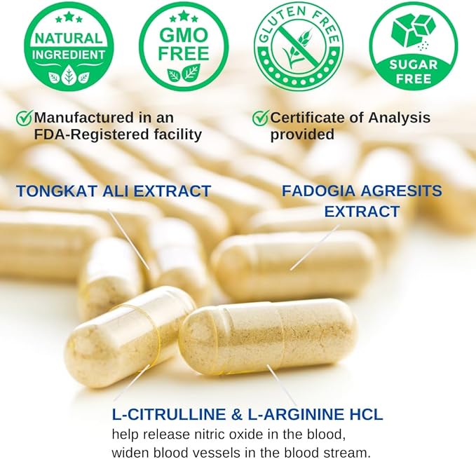 Tongkat Ali & Fadogia Agrestis - 1200mg, Enhanced with L-Citrulline and L-Arginine, Equivalent to 54,300mg Raw Per Serving *USA Made and Tested* Complex Herbal Supplement, 60 Capsules