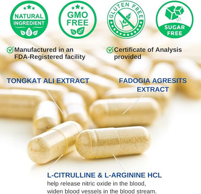 Tongkat Ali & Fadogia Agrestis - 1200mg, Enhanced with L-Citrulline and L-Arginine, Equivalent to 54,300mg Raw Per Serving *USA Made and Tested* Complex Herbal Supplement, 60 Capsules