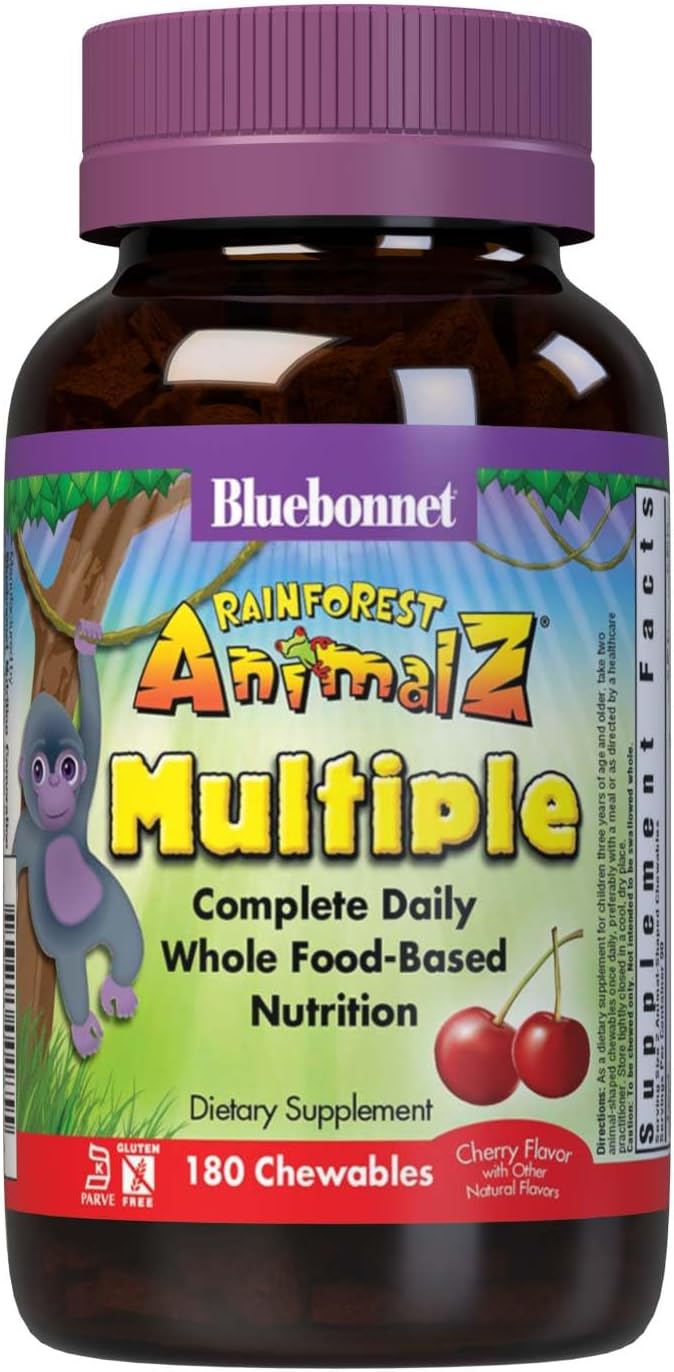 Bluebonnet Nutrition Rainforest Animalz Whole Food Based Multiple Chewable Tablet, Kids Multivitamin & Mineral, Vitamin C, D3, Iron, Gluten Free, Milk Free, Kosher, 180 Chewable Tablets, Cherry Flavor