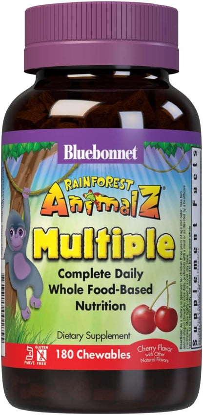 Bluebonnet Nutrition Rainforest Animalz Whole Food Based Multiple Chewable Tablet, Kids Multivitamin & Mineral, Vitamin C, D3, Iron, Gluten Free, Milk Free, Kosher, 180 Chewable Tablets, Cherry Flavor