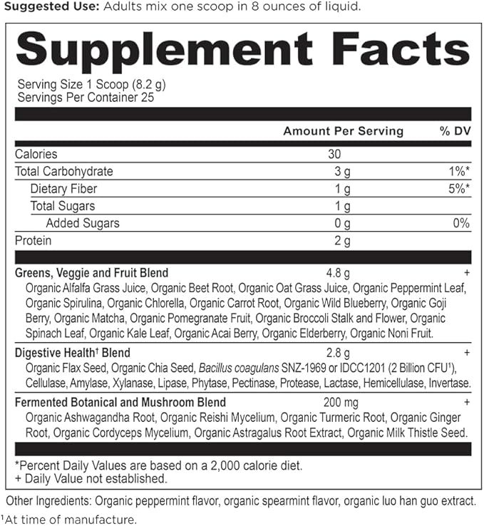 Ancient Nutrition SuperGreens Powder with Probiotics, Organic Peppermint Flavor Greens, Made from Real Fruits, Vegetables and Herbs, Digestive and Energy Support, 25 Servings, 7.23oz