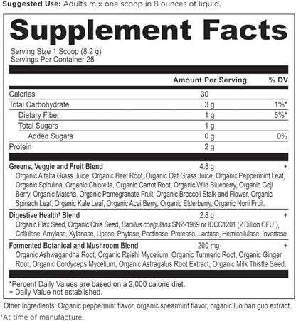 Ancient Nutrition SuperGreens Powder with Probiotics, Organic Peppermint Flavor Greens, Made from Real Fruits, Vegetables and Herbs, Digestive and Energy Support, 25 Servings, 7.23oz