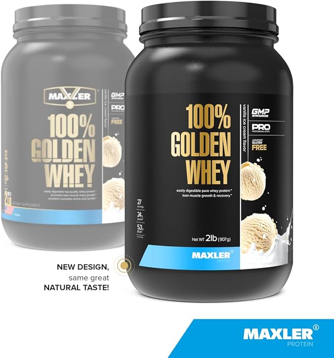 Maxler 100% Golden Whey Protein - 24g of Premium Whey Protein Powder per Serving - Pre, Post & Intra Workout - Fast-Absorbing Whey Hydrolysate, Isolate & Concentrate Blend - Vanilla Ice Cream 2 lbs