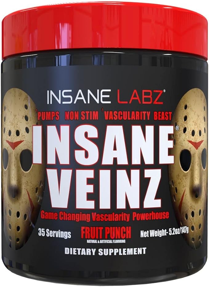 Insane Labz Insane Veinz Non Stimulant NO Enhancing Powder, Nitric Oxide Booster, Loaded with Agmatine Sulfate and Betaine Anhydrous, Increase Vascularity, 35 Srvgs, Fruit Punch