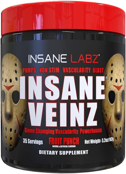 Insane Labz Insane Veinz Non Stimulant NO Enhancing Powder, Nitric Oxide Booster, Loaded with Agmatine Sulfate and Betaine Anhydrous, Increase Vascularity, 35 Srvgs, Fruit Punch